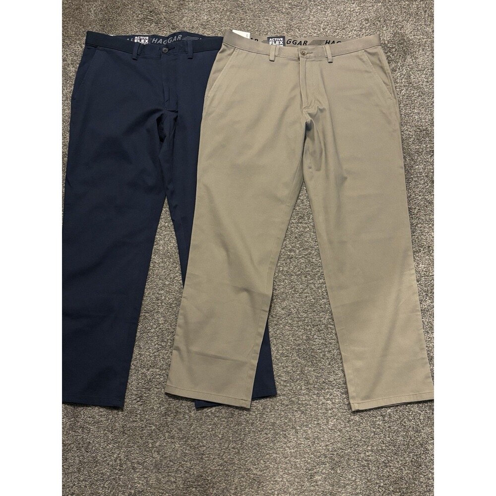 Haggar Action Khaki Straight Fit Dress Pants Size 36x30 Blue Tan Comfort Stretch